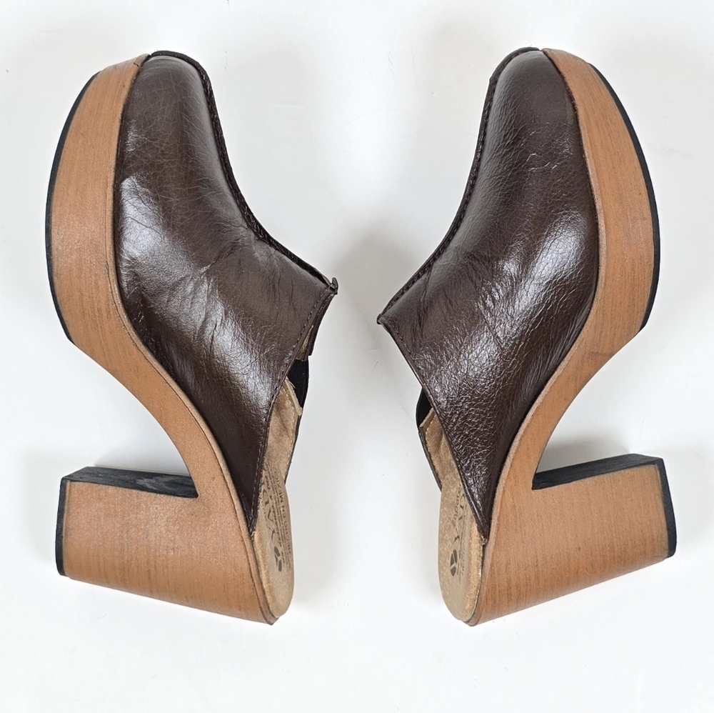 70s Retro Brown Sheepskin Leather Platform Clogs Mules Boho Retro Handmade Sz.6 - Picture 9 of 11